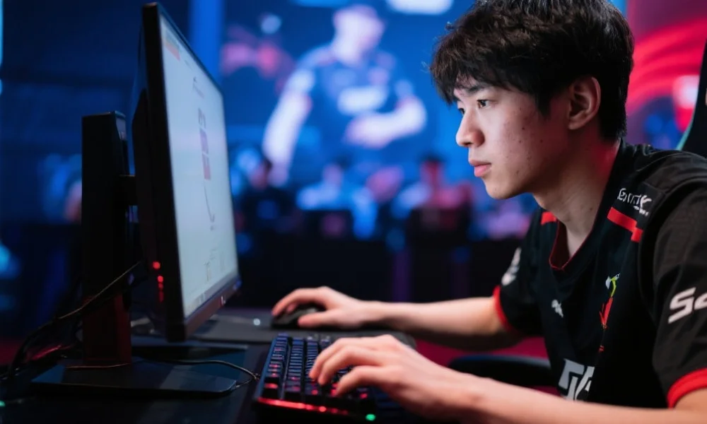 电竞选手在比赛中专注操作