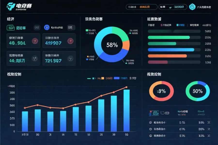 电子竞技赛事数据图表，包含经济、参团率、伤害与视野控制等多项指标，风格简洁专业