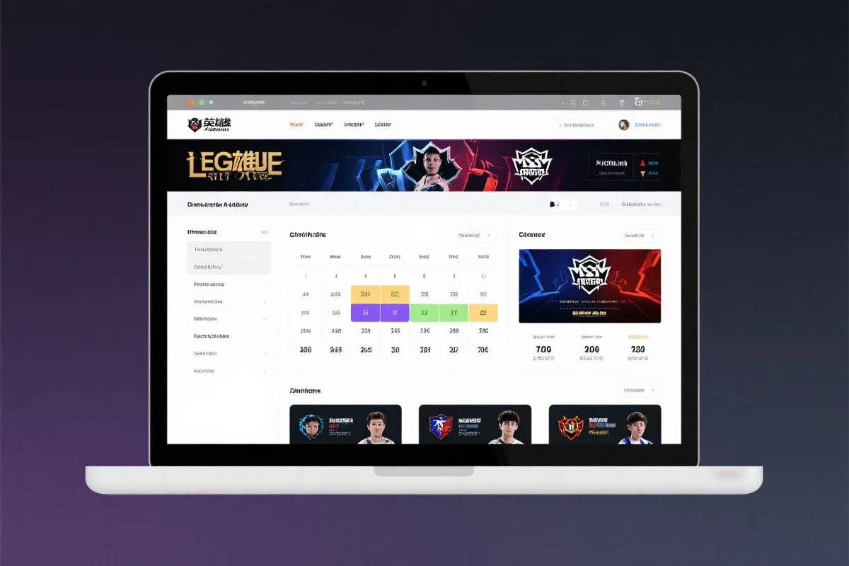 一个干净现代的电竞网站界面，展示着英雄联盟的比赛日程、战队标志和选手统计数据